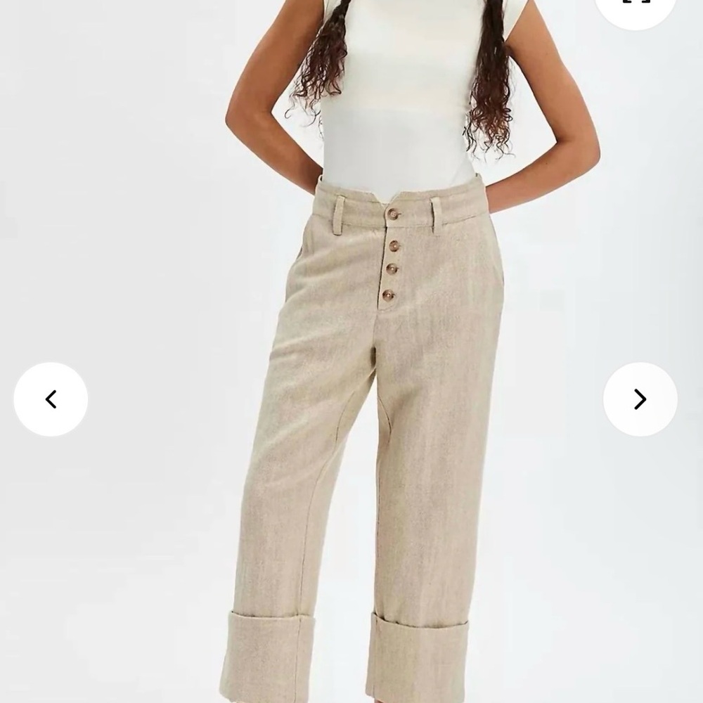 Free People Beige High-Waist Button-Front Cropped Trousers